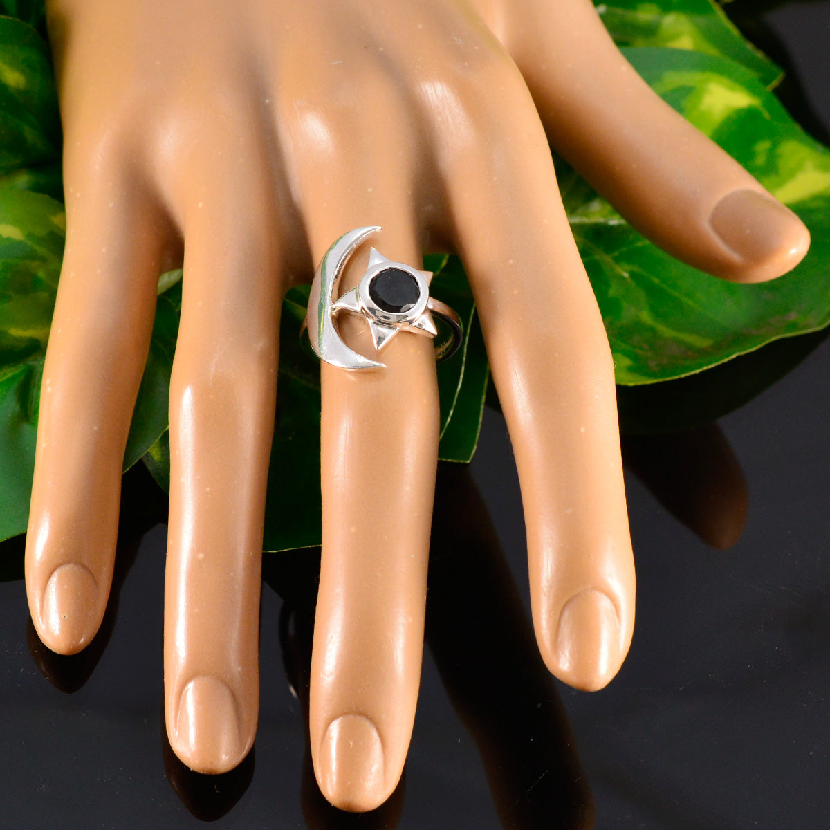 Black Onyx Solitaire German Silver Black Gemstone Slim Moon & Star Ring Jewelry