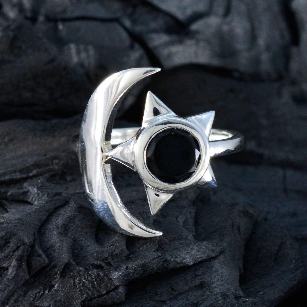 Black Onyx Solitaire German Silver Black Gemstone Slim Moon & Star Ring Jewelry