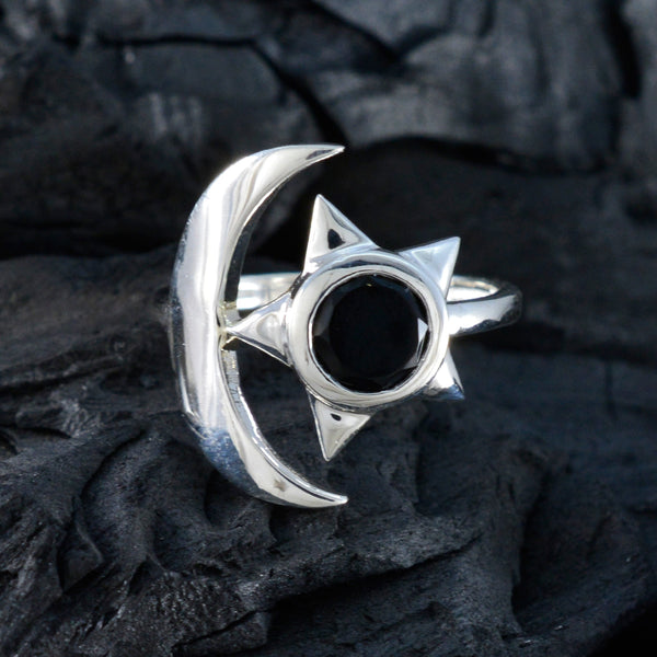 Black Onyx Solitaire German Silver Black Gemstone Slim Moon & Star Ring Jewelry
