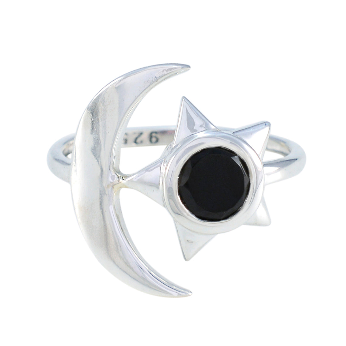 Black Onyx Solitaire German Silver Black Gemstone Slim Moon & Star Ring Jewelry Hoofdafbeelding