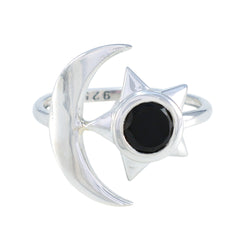 Black Onyx Solitaire German Silver Black Gemstone Slim Moon & Star Ring Jewelry