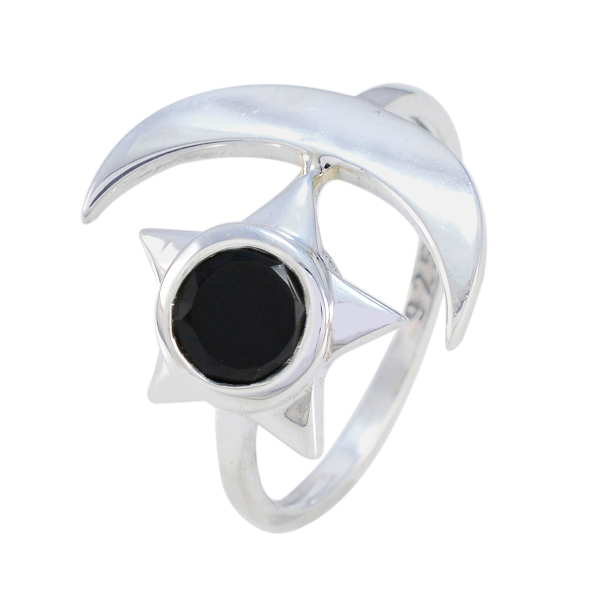 Black Onyx Solitaire German Silver Black Gemstone Slim Moon & Star Ring Jewelry