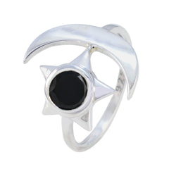 Black Onyx Solitaire German Silver Black Gemstone Slim Moon & Star Ring Jewelry
