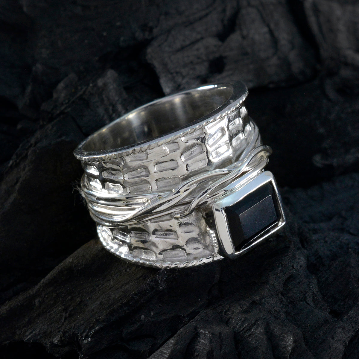 Black Onyx Solitaire German Sterling Silver Black Gemstones Statement Victorian Ring Jewelry