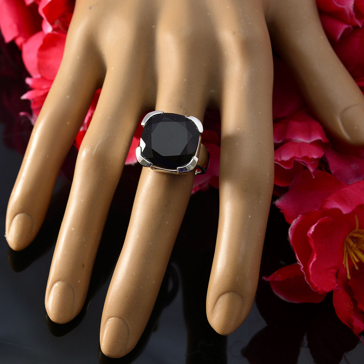 Black Onyx Solitaire German 925 Sterling Silver Black Gemstone Edgy Signet Ring Jewelry