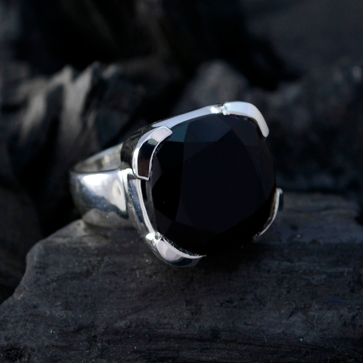 Black Onyx Solitaire German 925 Sterling Silver Black Gemstone Edgy Signet Ring Jewelry