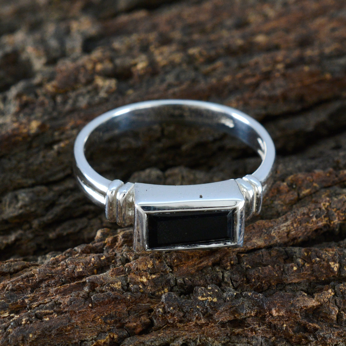 Black Onyx Solitaire German 92.5 Silver Black Gemstones Minimal Contemporary Ring Jewelry