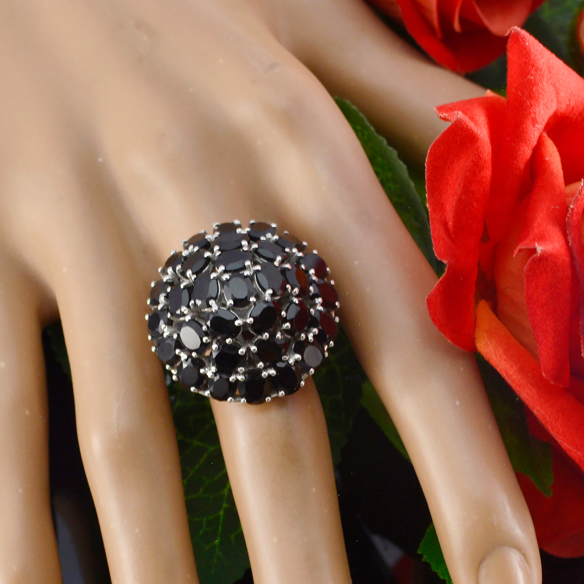 Black Onyx multiple French 92.5 Silver Black Gemstones Edgy Modern Ring Jewelry