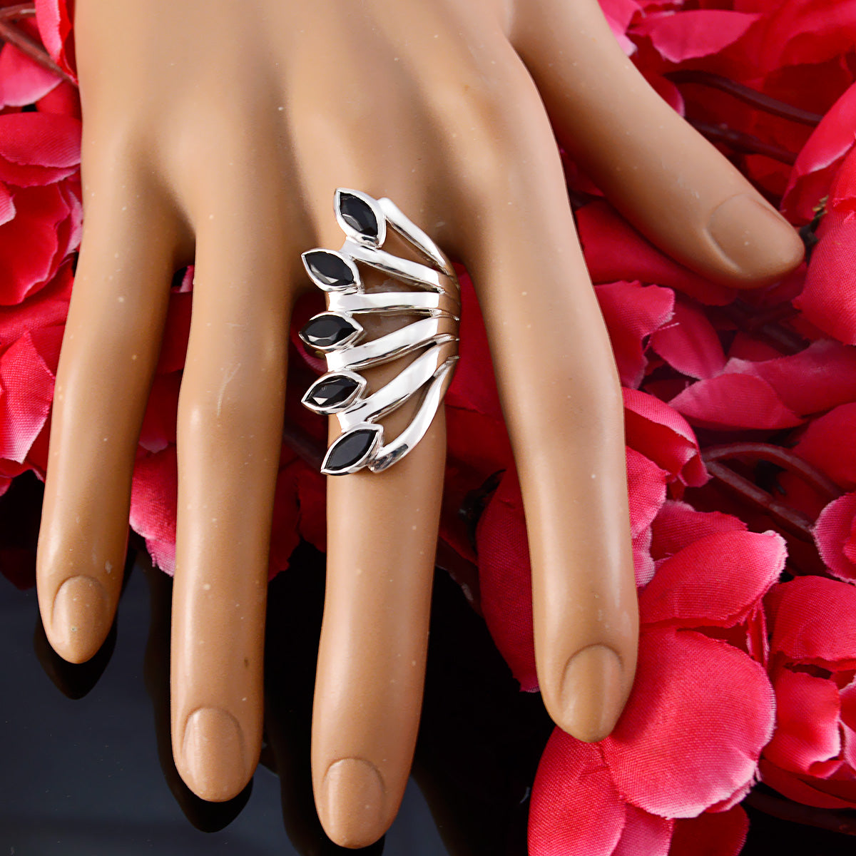 Black Onyx Penta Italian 92.5 Silver Black Gemstones Statement Traditional Ring Jewellery