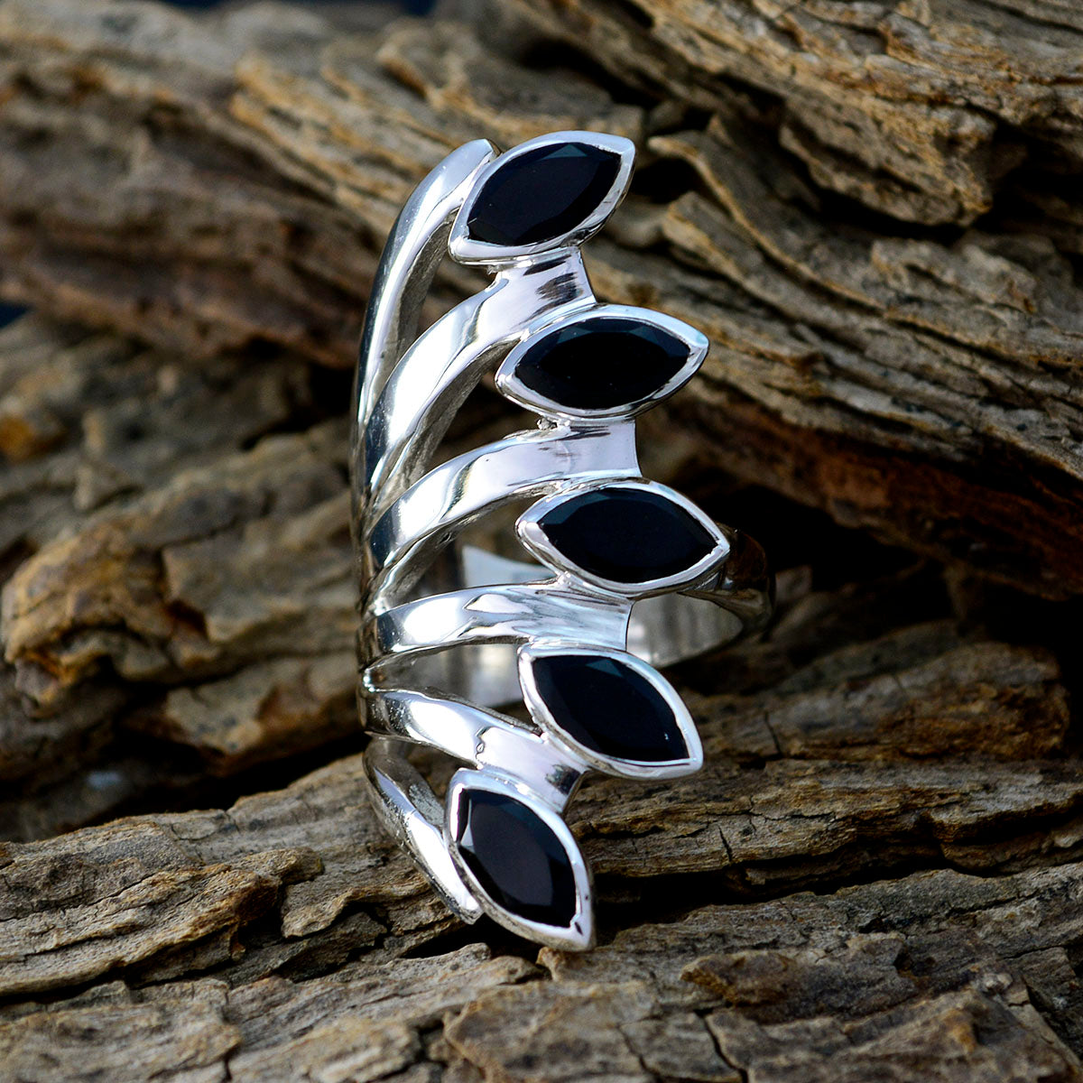 Black Onyx Penta Italian 92.5 Silver Black Gemstones Statement Traditional Ring Jewellery