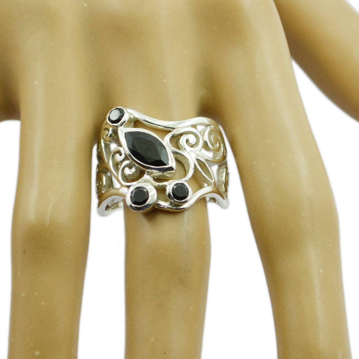 Schwarzer Onyx Viertel Mexikanisches Sterling Silber Schwarze Edelsteine Essentieller Filigraner Ring Schmuck Zweitbild