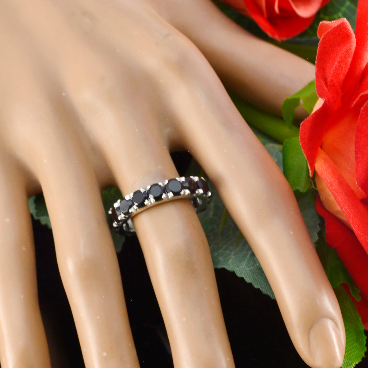 Black Onyx multiple Japanese Sterling Silver Black Gemstones Dainty Eternity Band Jewellery