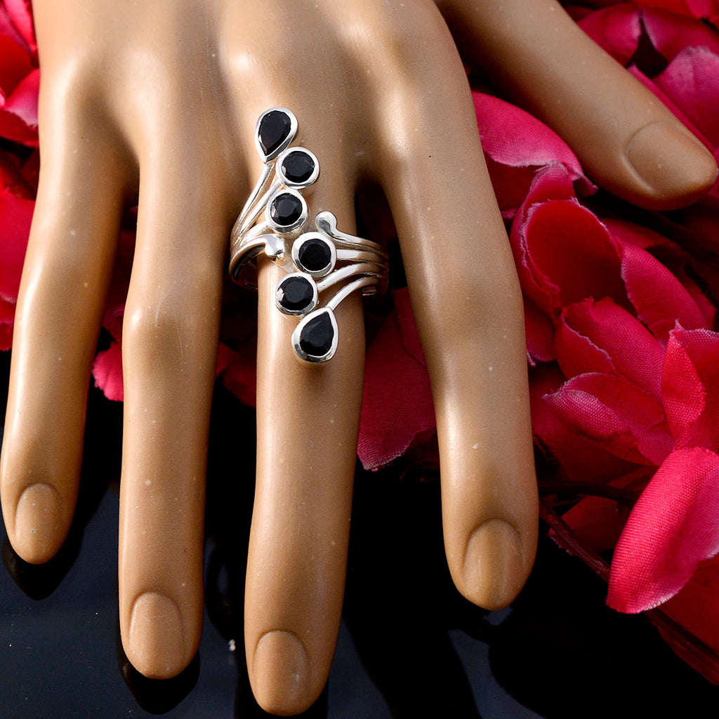 Black Onyx Hexa Russian Sterling Silver Black Gemstone Versatile Modern Ring Jewellery