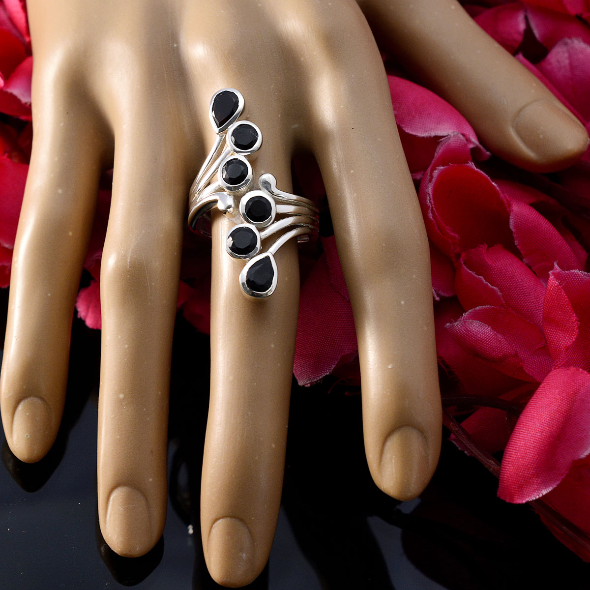 Black Onyx Hexa Russian Sterling Silver Black Gemstone Versatile Modern Ring Jewellery