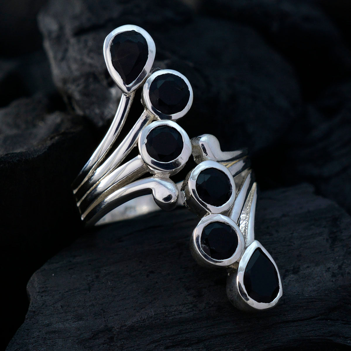 Black Onyx Hexa Russian Sterling Silver Black Gemstone Versatile Modern Ring Jewellery
