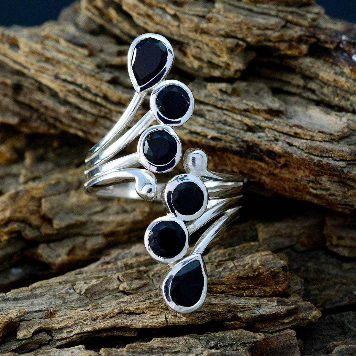Black Onyx Hexa Russian Sterling Silver Black Gemstone Versatile Modern Ring Jewellery