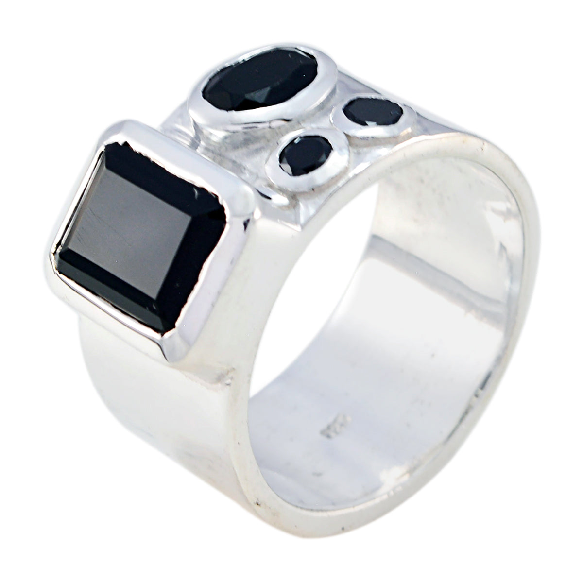 Black Onyx quarter French Sterling Silver Black Gems Edgy Abstract Band Jewelry