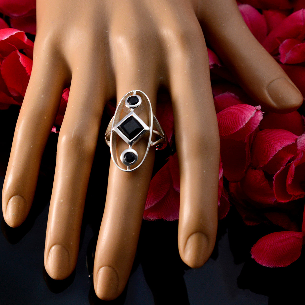 Black Onyx Trilogy French 925 Silver Black Gemstone Slim Feminine Ring Jewelry