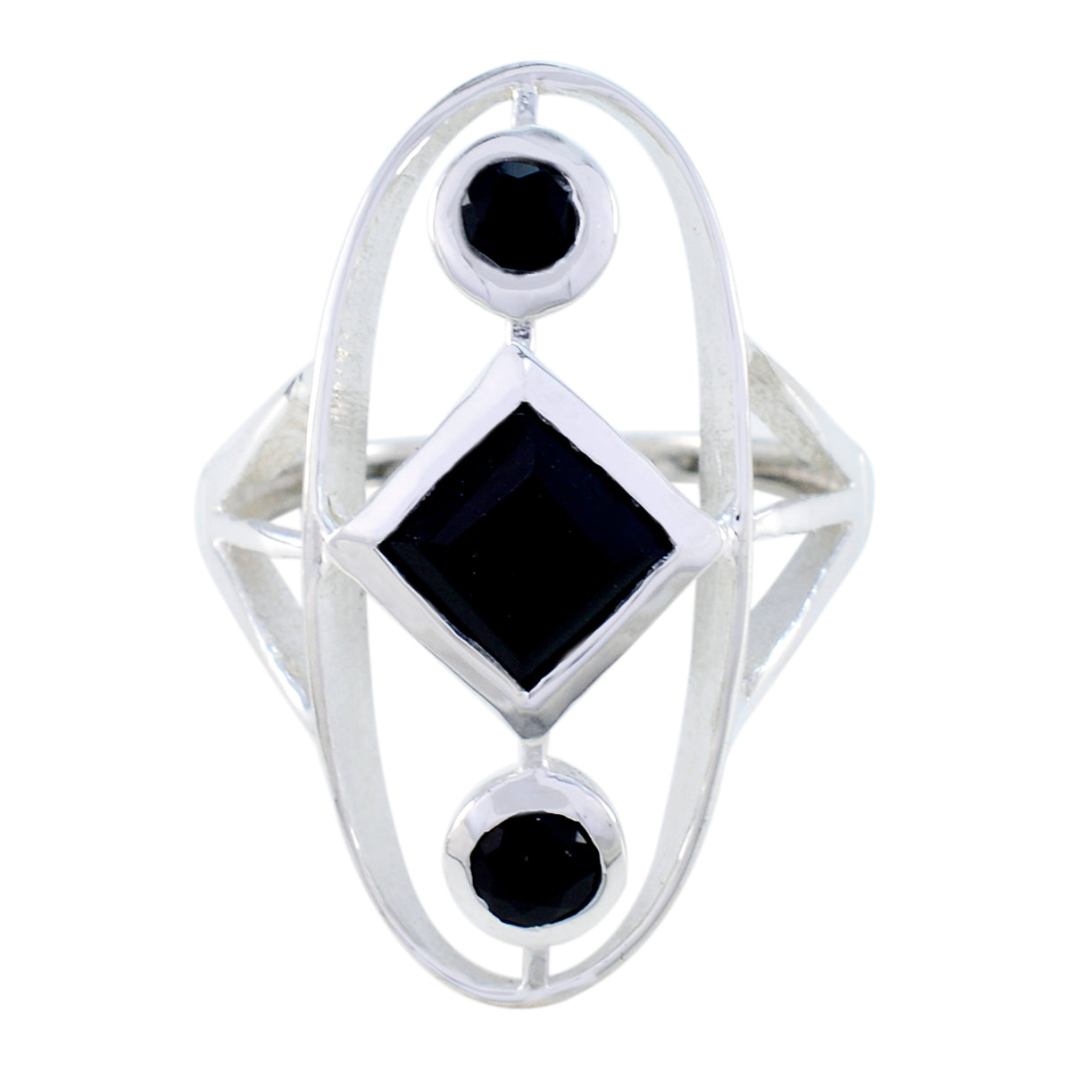 Black Onyx Trilogy French 925 Silver Black Gemstone Slim Feminine Ring Jewelry
