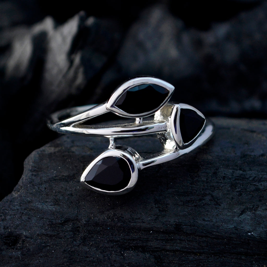 Black Onyx Trilogy German 925 Sterling Silver Black Gemstones Tiny Romantic Ring Jewelry