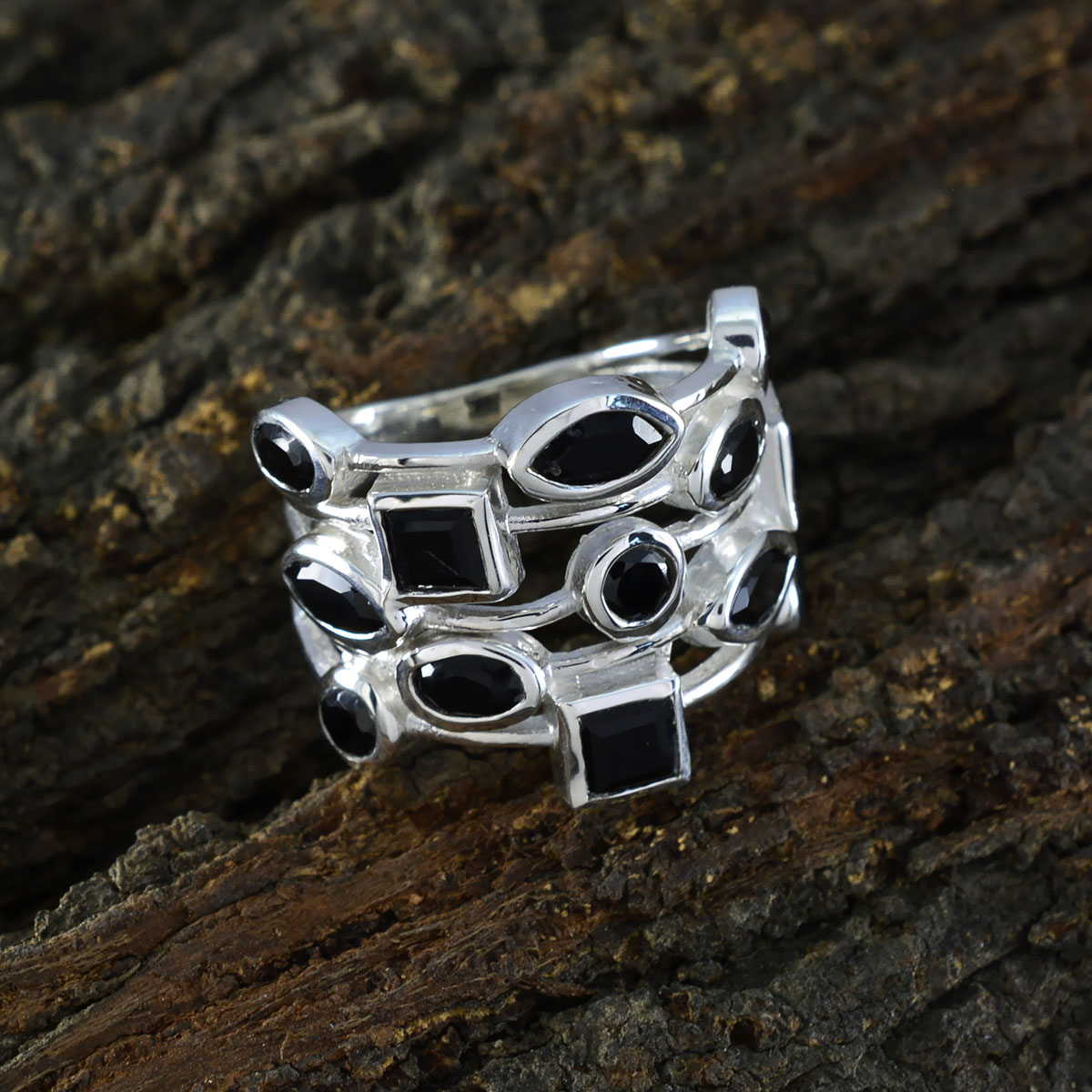 Black Onyx multiple Moroccan Silver Black Gemstones Eye catching Modern Ring Jewelry