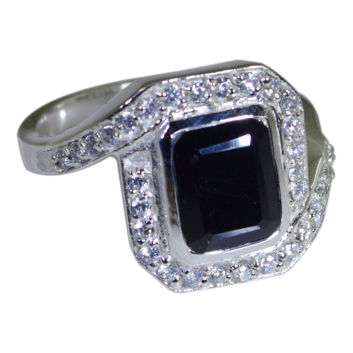 Schwarzer Onyx Halo Französisch 92,5 Silber Schwarze Edelsteine Auffälliger abstrakter Ring Schmuck Hauptbild