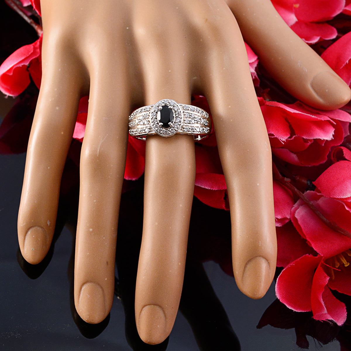 Black Onyx Halo Egyptian 92.5 Silver Black Gemstones Eye catching Abstract Ring Jewellery