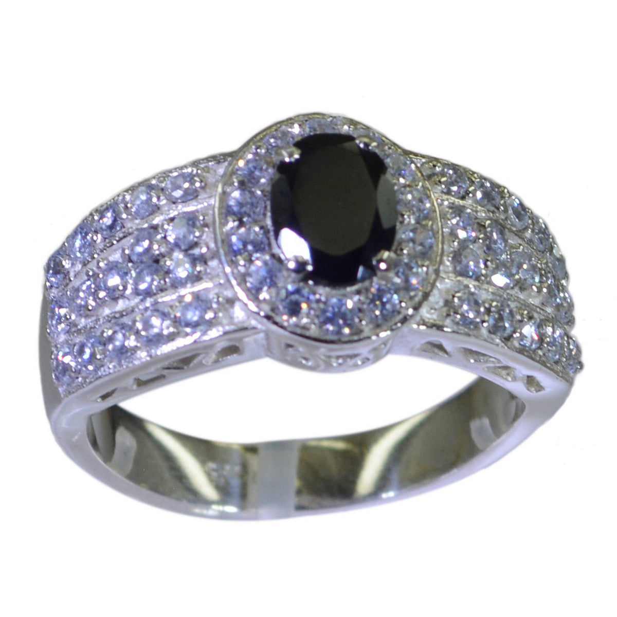 Schwarzer Onyx Halo Ägyptischer 92,5 Silber Schwarze Edelsteine Auffälliger abstrakter Ring Schmuck Zweitbild