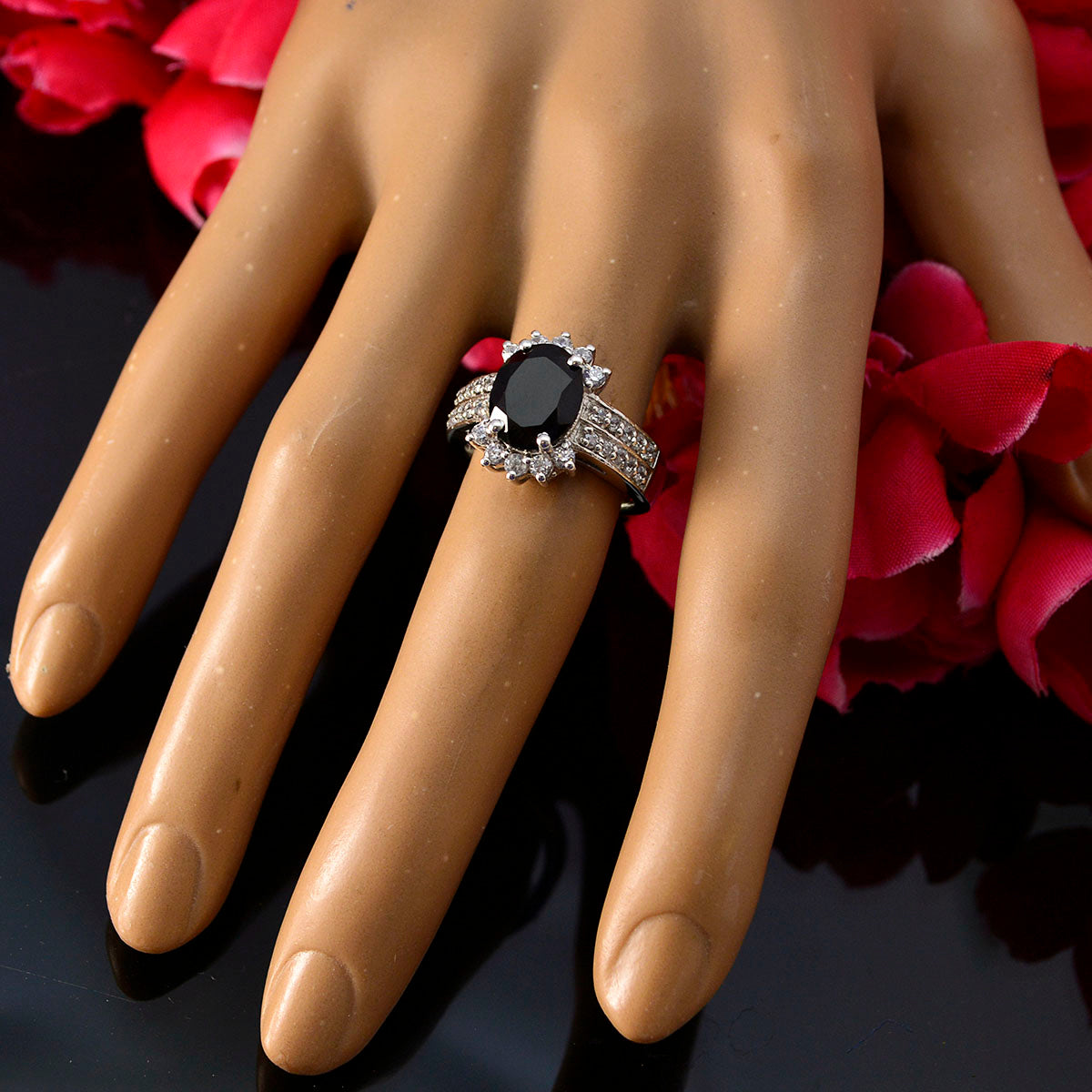 Black Onyx Halo French 925 Silver Black Gemstone Classic Trendy Ring Jewelry