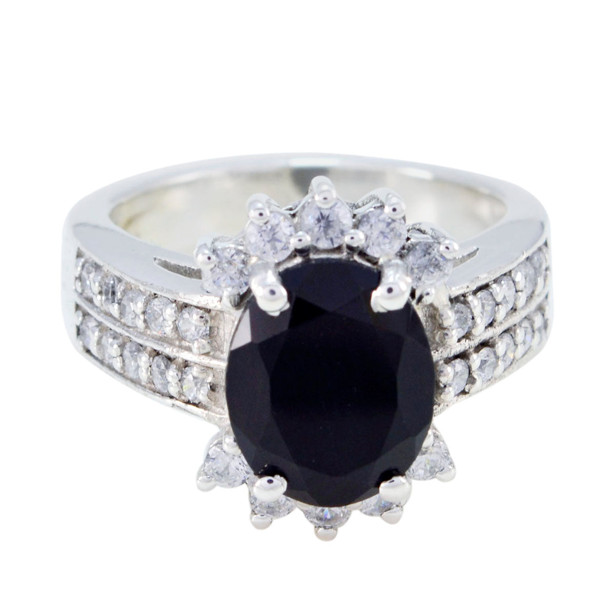 Black Onyx Halo French 925 Silver Black Gemstone Classic Trendy Ring Jewelry