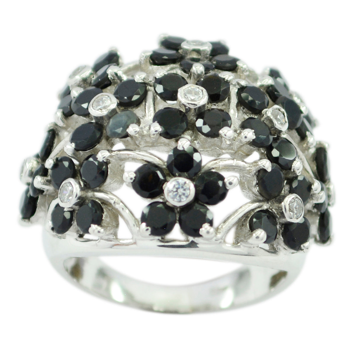 Black Onyx multiple African 925 Silver Black Gemstones Statement Floral Ring Jewelry