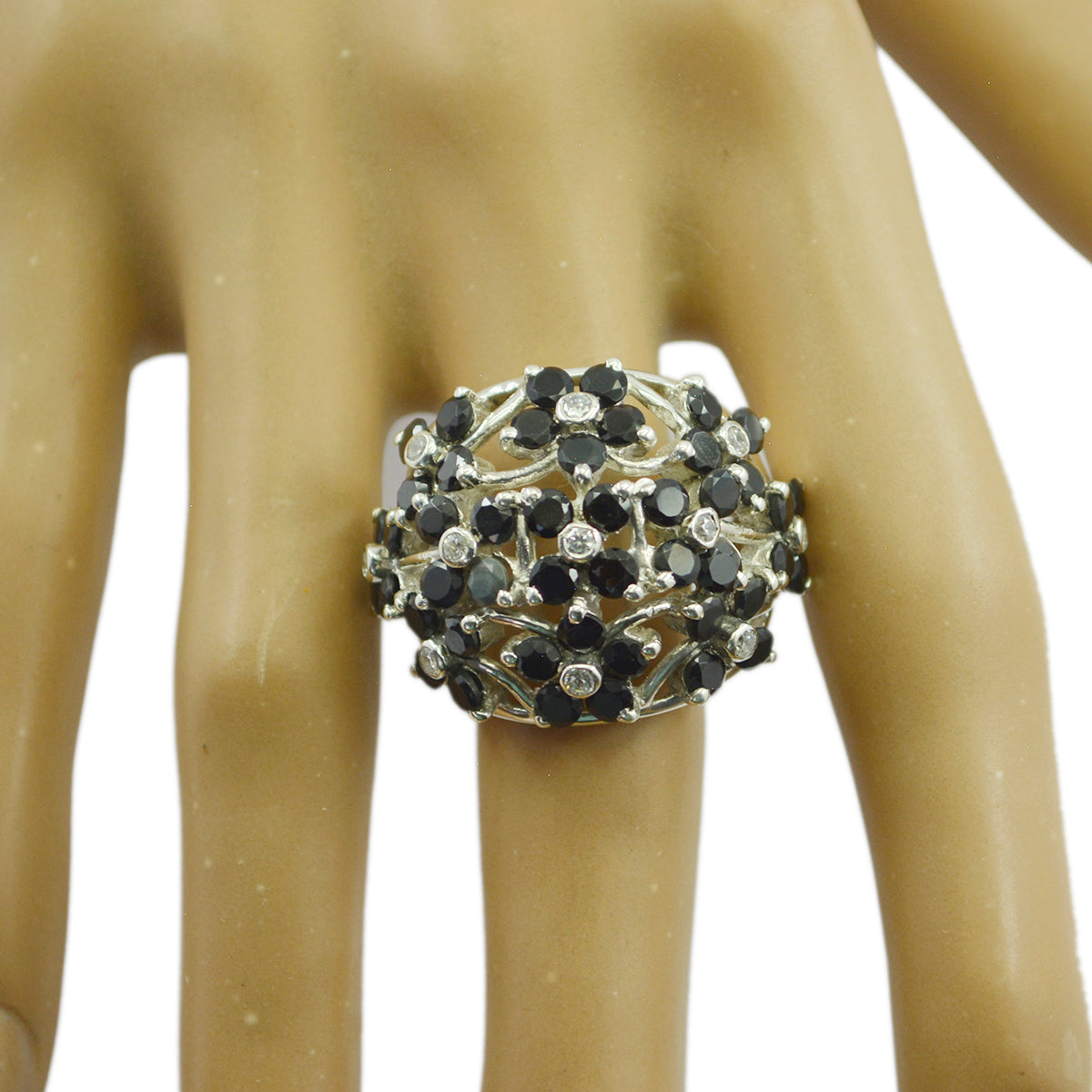 Anello con motivo floreale in argento 925 africano con pietre preziose nere e onice nero Immagine secondaria del prodotto