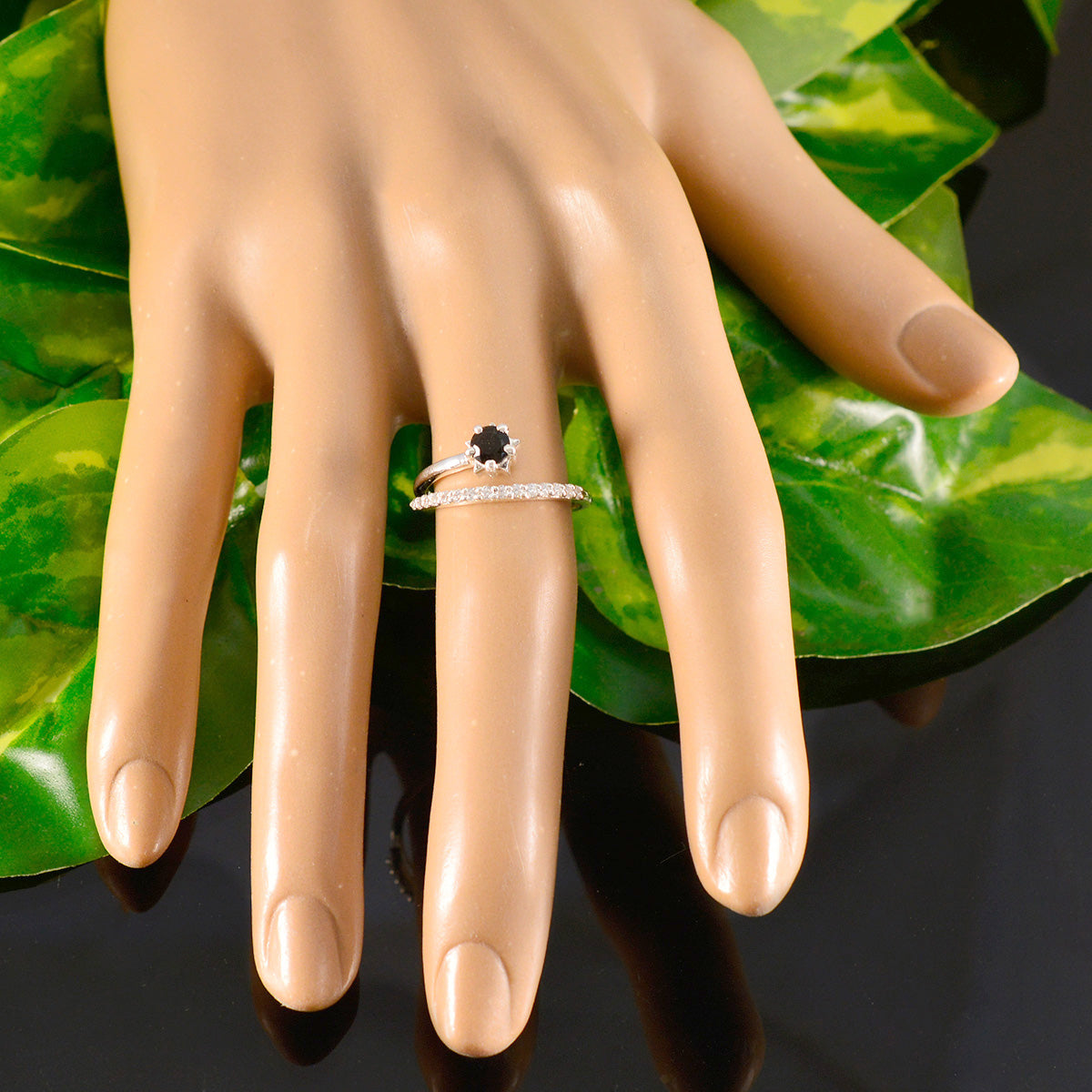 Black Onyx Halo Turkish Sterling Silver Black Gemstone Elegant  Abstract Ring Jewelry