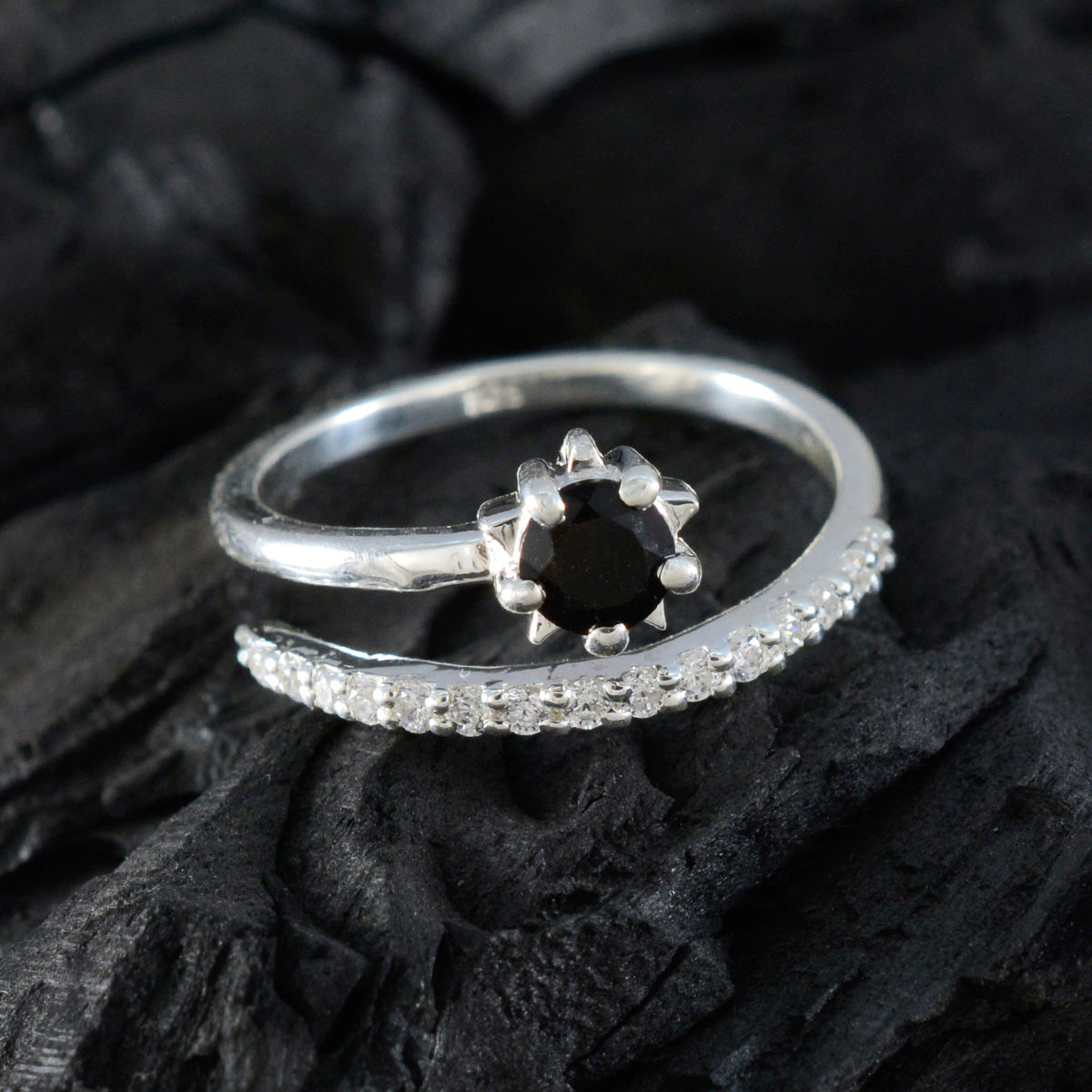 Black Onyx Halo Turkish Sterling Silver Black Gemstone Elegant  Abstract Ring Jewelry