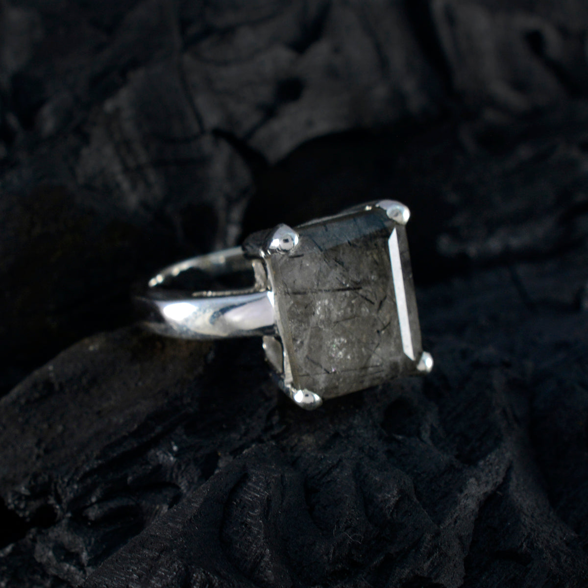 Rutile Quartz Solitaire Indian Silver Black Gems Classic Trendy Ring Jewelry