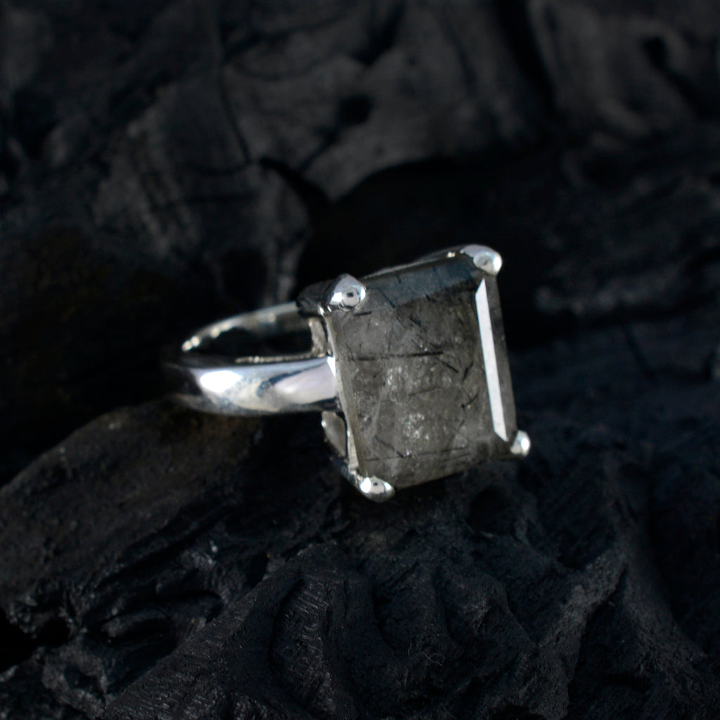 Rutile Quartz Solitaire Indian Silver Black Gems Classic Trendy Ring Jewelry