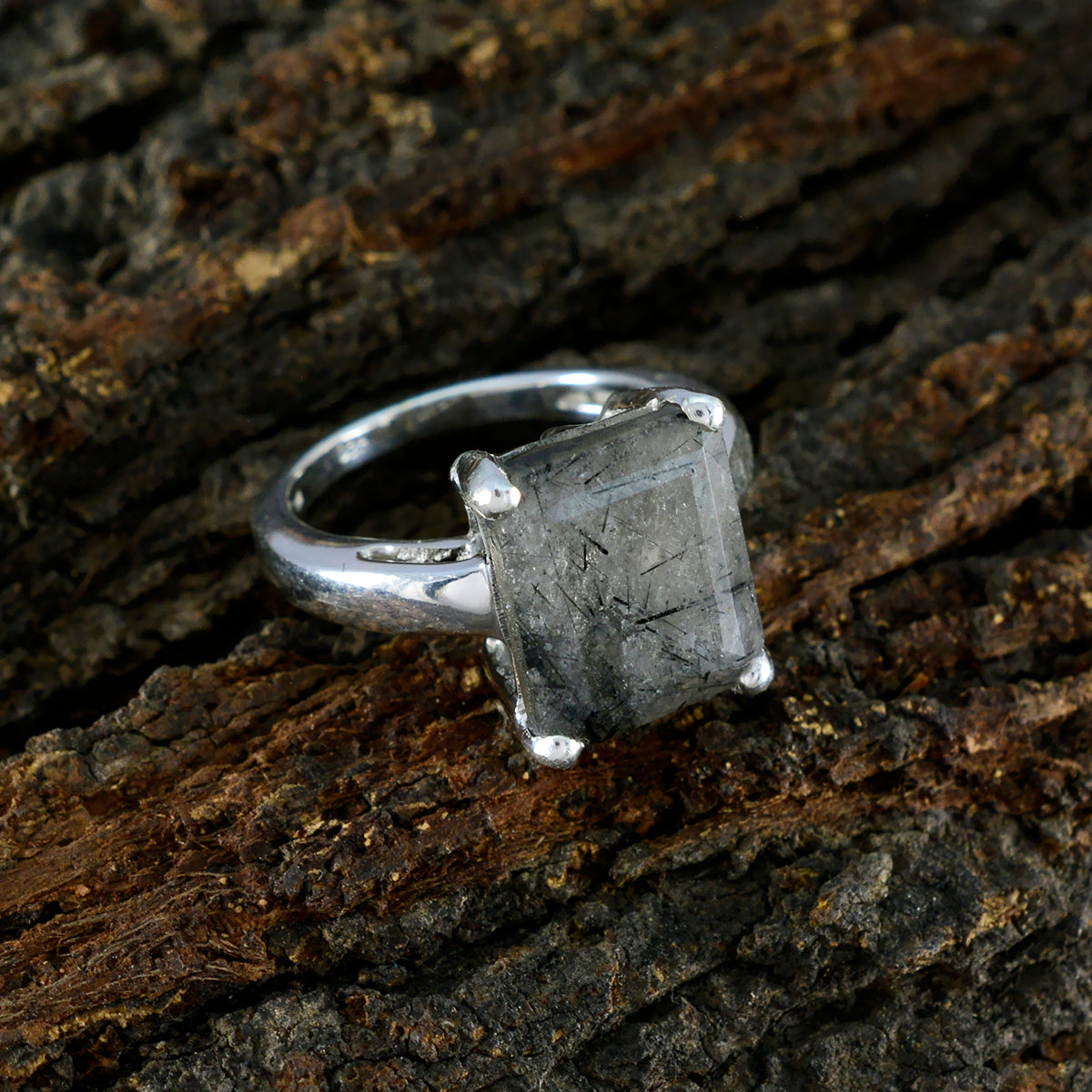 Rutile Quartz Solitaire Indian Silver Black Gems Classic Trendy Ring Jewelry