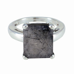 Rutile Quartz Solitaire Indian Silver Black Gems Classic Trendy Ring Jewelry