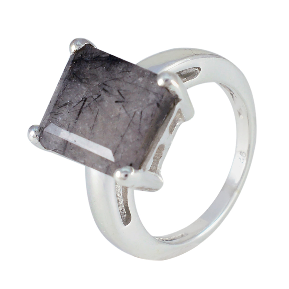 Anillo clásico de moda con gemas negras y solitario de cuarzo rutilado en plata india. Imagen secundaria del producto