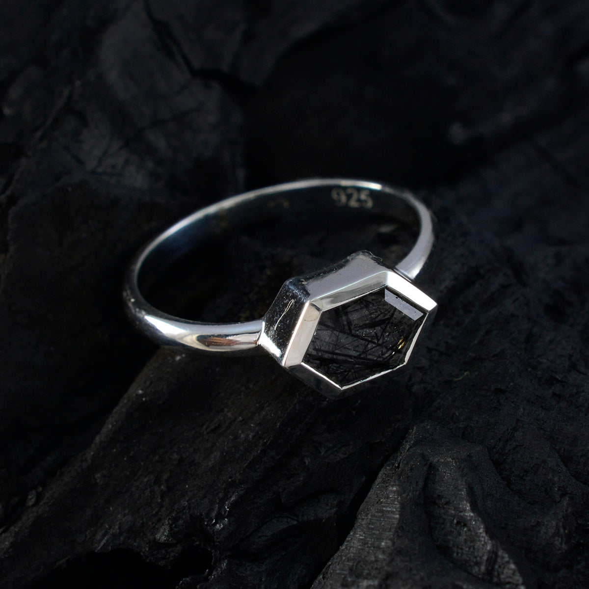 Rutile Quartz Solitaire Turkish Sterling Silver Black Gemstone Dainty Romantic Ring Jewellery