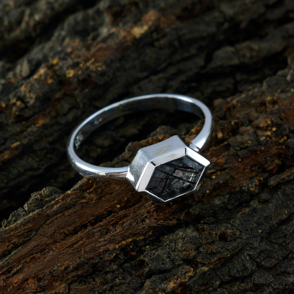 Rutile Quartz Solitaire Turkish Sterling Silver Black Gemstone Dainty Romantic Ring Jewellery