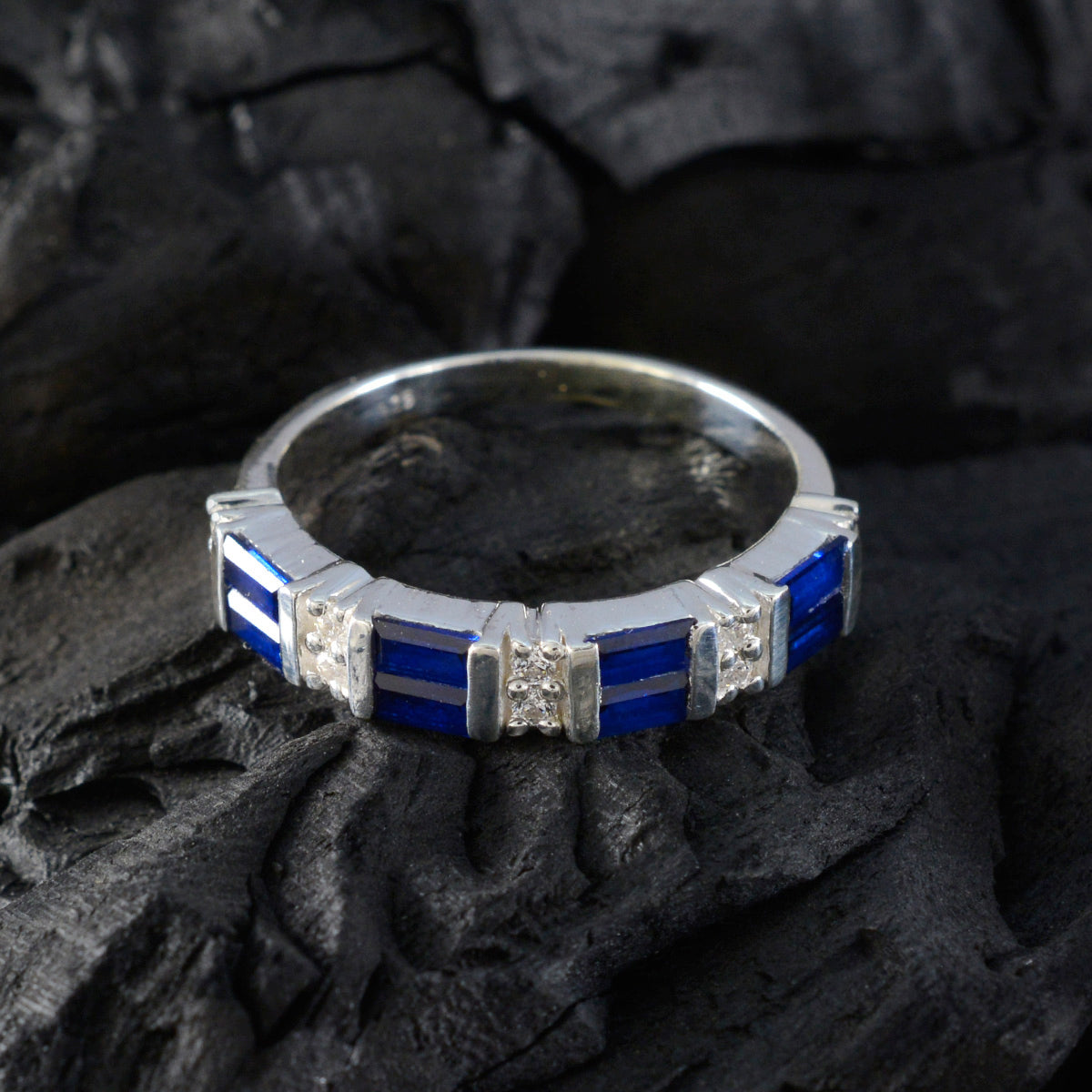 Blue Sapphire CZ octa African 925 Silver Blue Gemstones Featherlight Trendy Band Jewelry