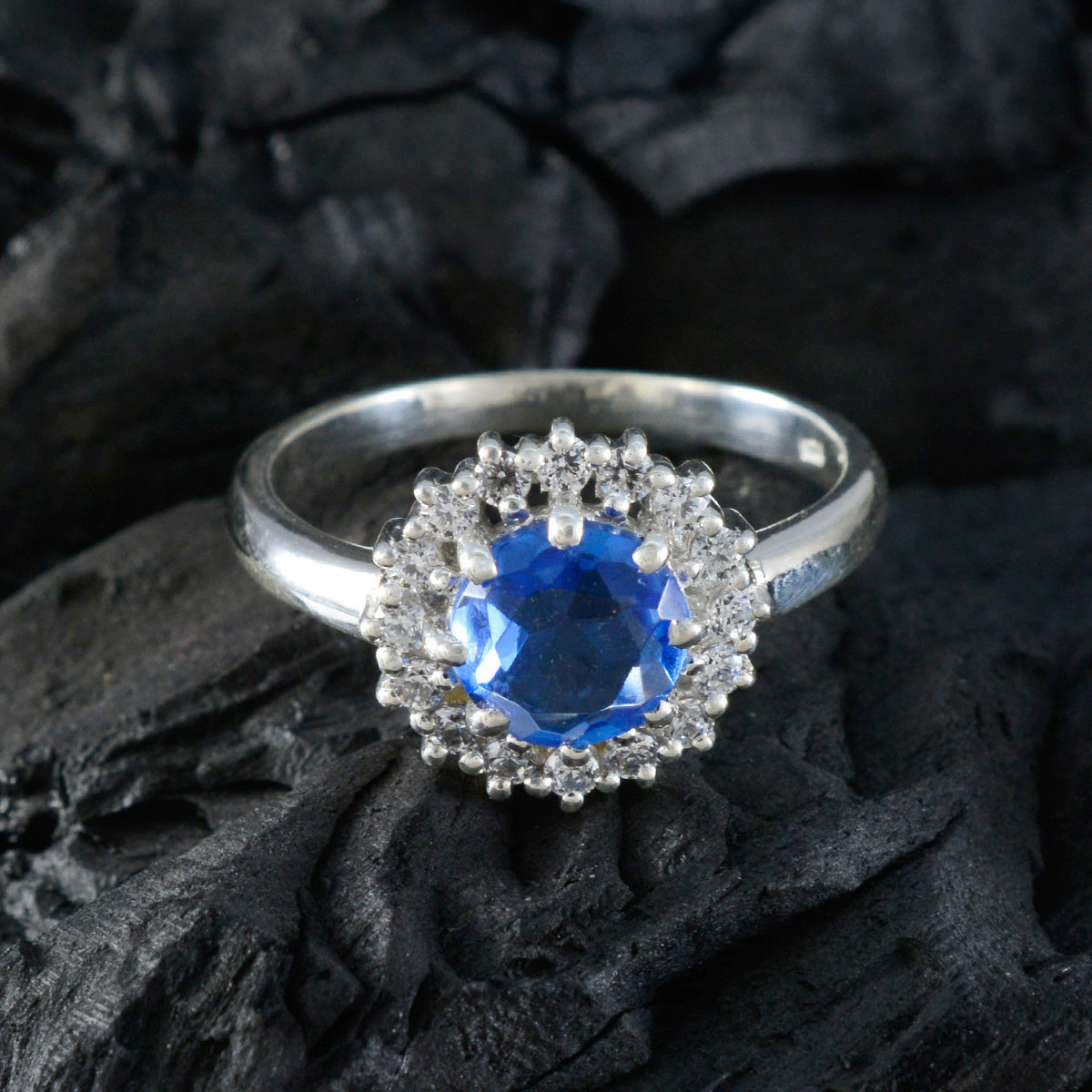Blue Sapphire CZ Halo African Silver Blue Gems Tiny Boho Ring Jewellery