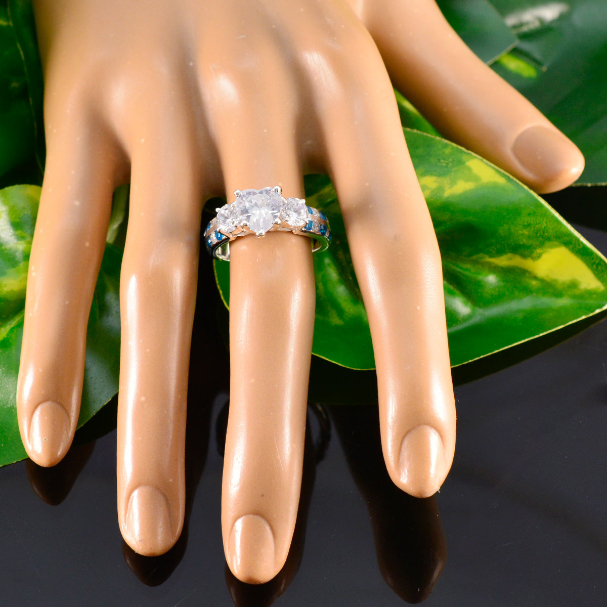 Blue Topaz CZ Halo Indian Silver Blue Gems Mid weight Sophisticated Ring Jewelry