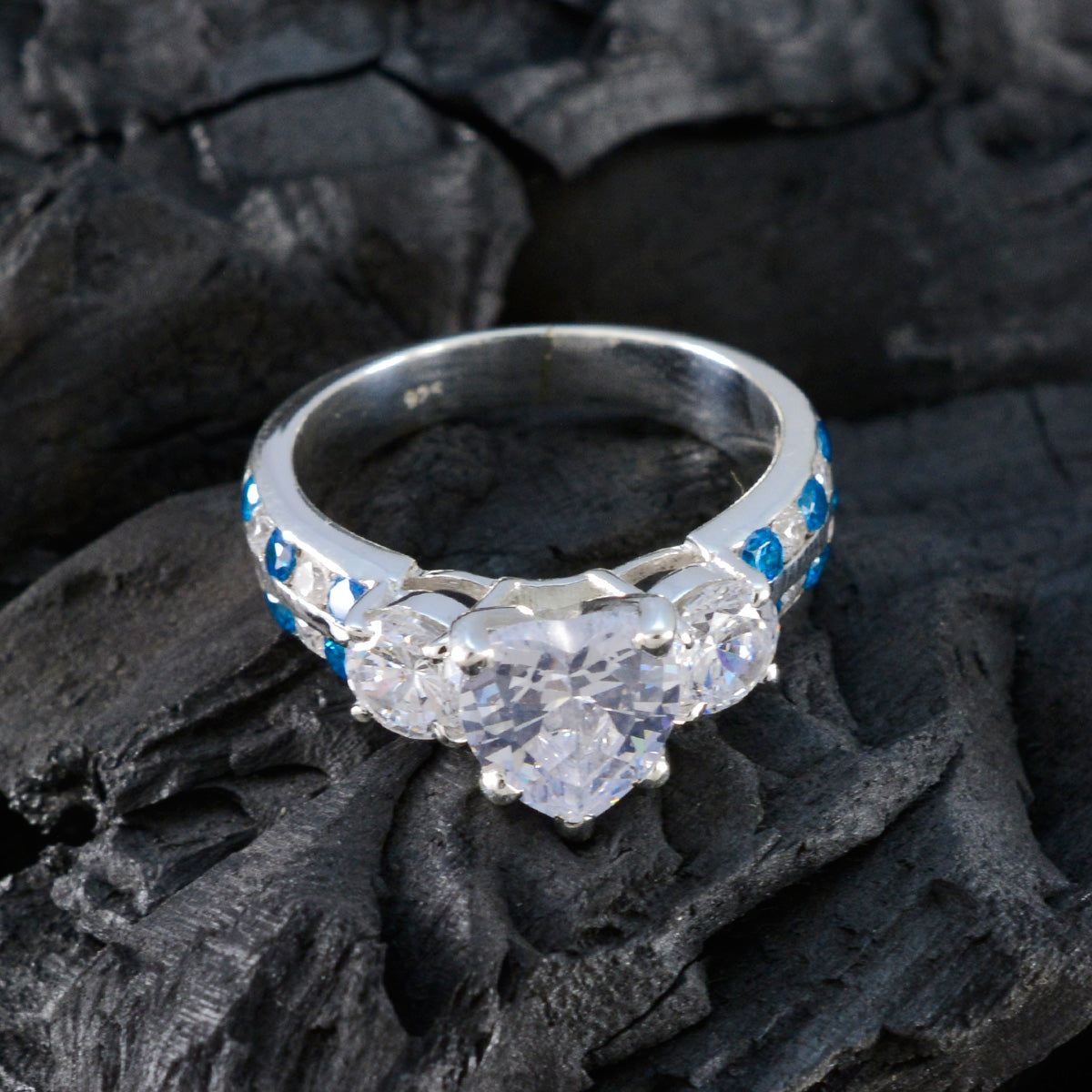 Blue Topaz CZ Halo Indian Silver Blue Gems Mid weight Sophisticated Ring Jewelry