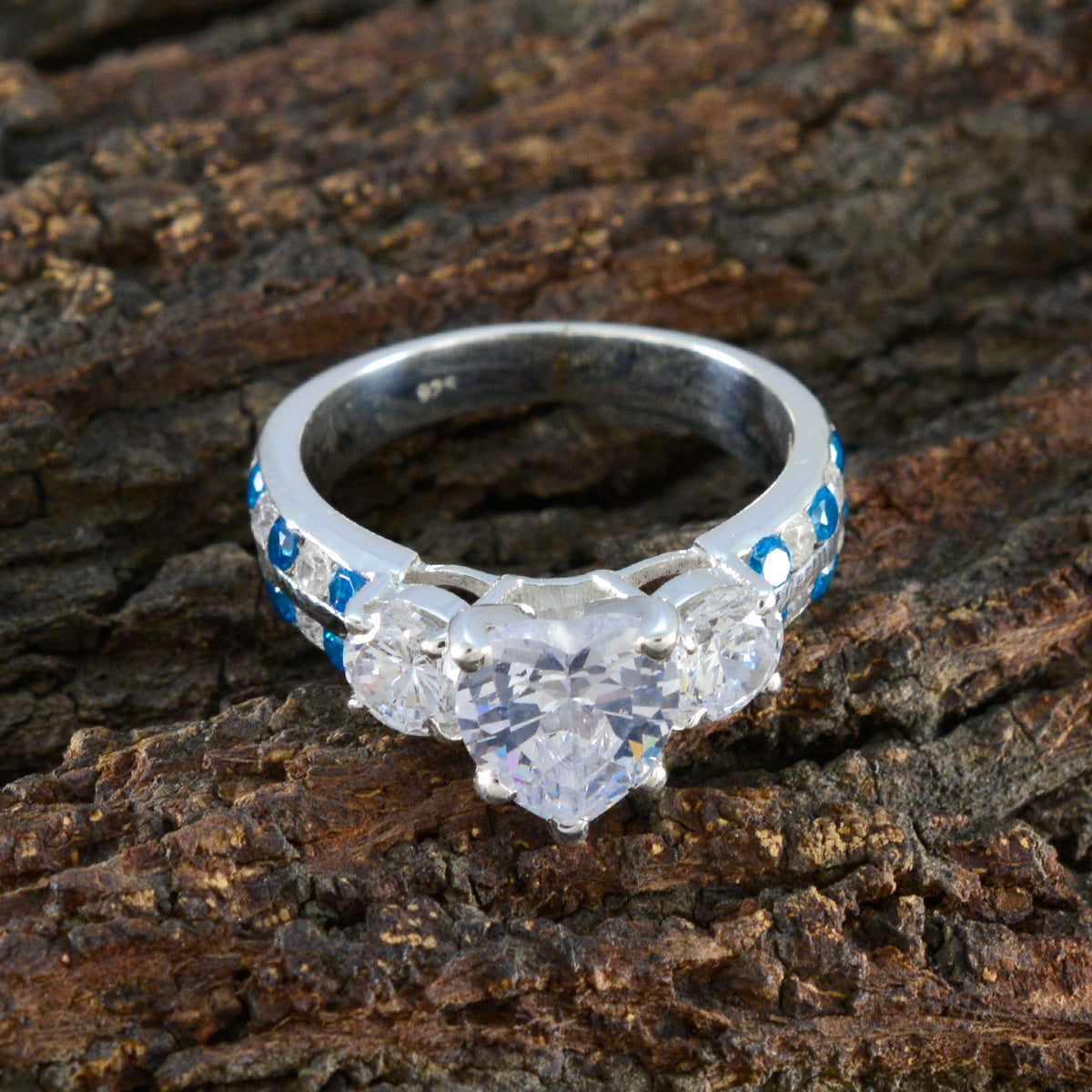 Blue Topaz CZ Halo Indian Silver Blue Gems Mid weight Sophisticated Ring Jewelry