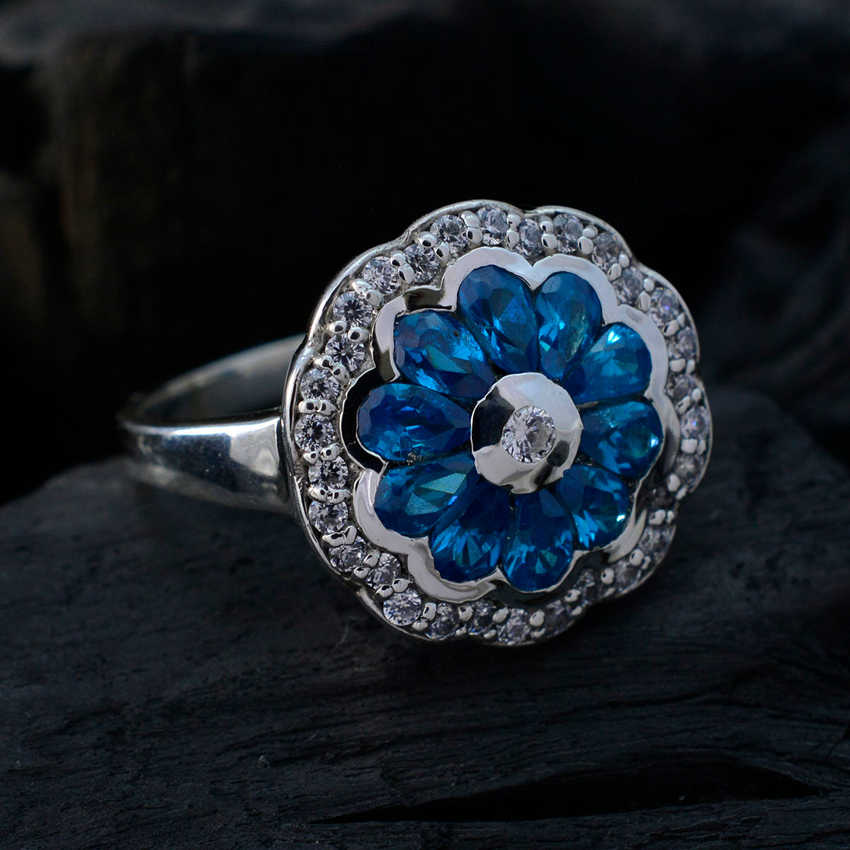 Blue Topaz CZ multiple African Sterling Silver Blue Gemstone Eye catching Modern Ring Jewelry
