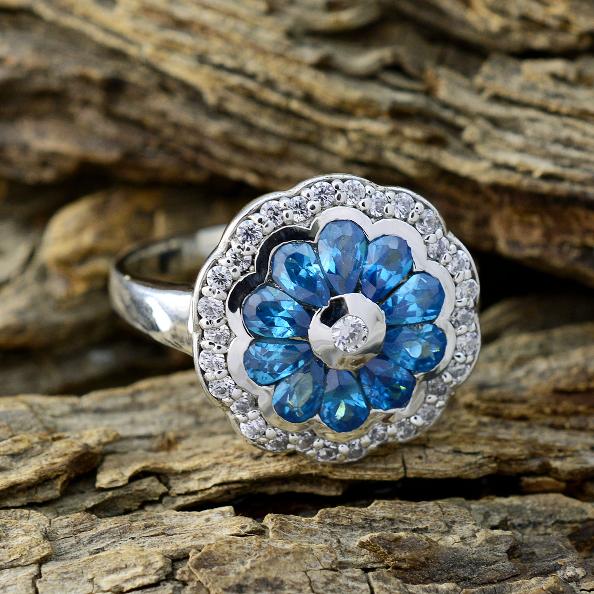 Blauer Topas CZ mehrere afrikanische Sterling Silber Blauer Edelstein Auffälliger moderner Ring Schmuck