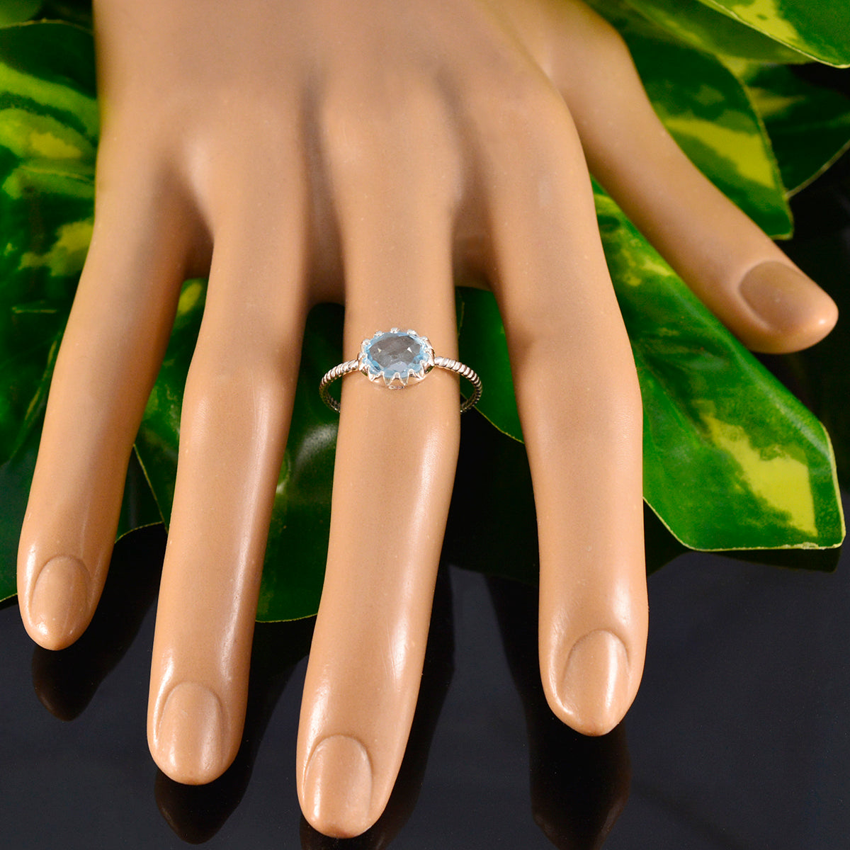 Blue Topaz Solitaire Korean 92.5 Silver Blue Gems Elegant  Twist Ring Jewellery