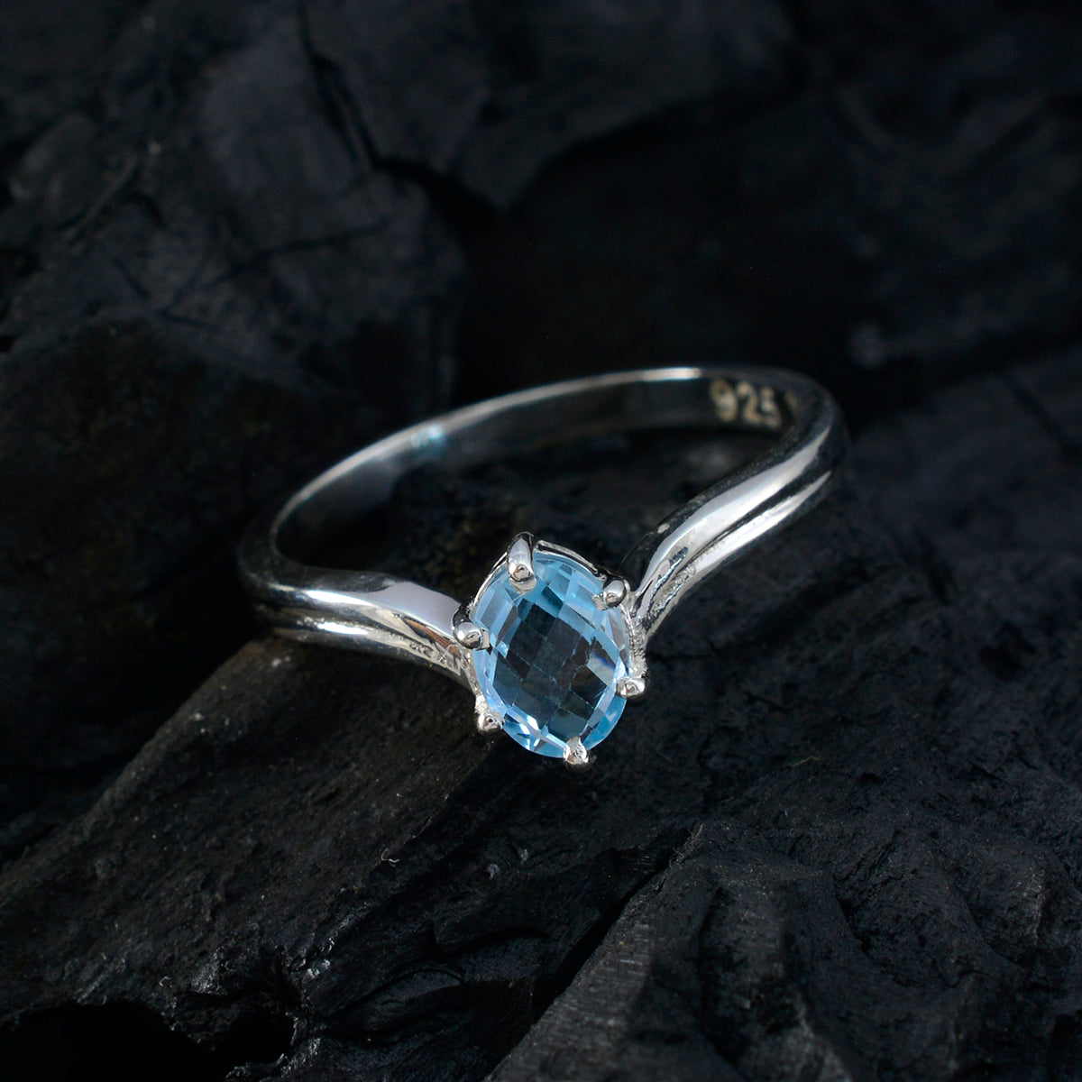 Blue Topaz Solitaire Korean Silver Blue Gems Dainty Modern Ring Jewellery